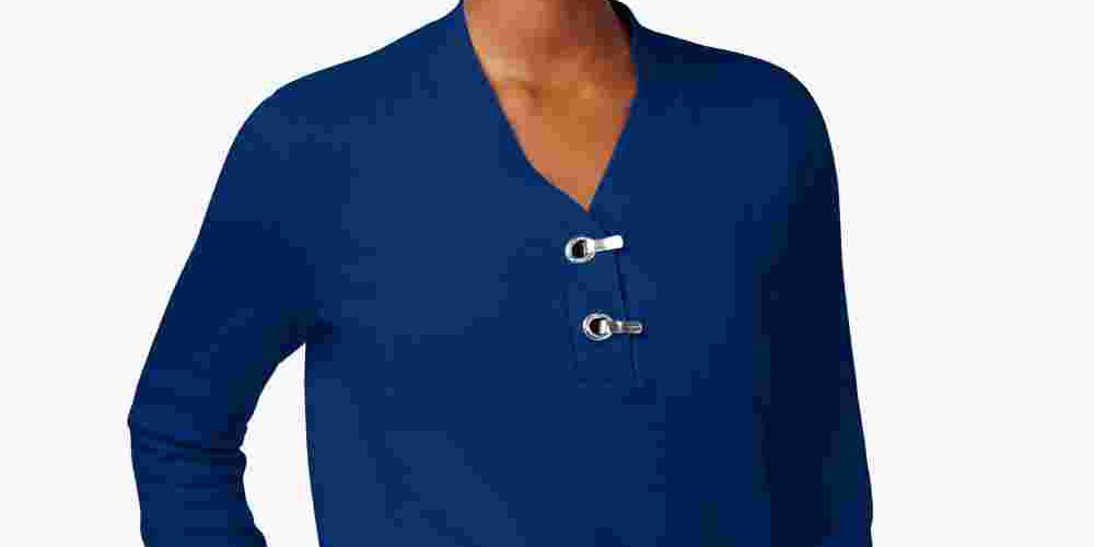 Karen Scott Suéter Feminino Petites Grommet com Acabamento Canelado Azul Tamanho PSM