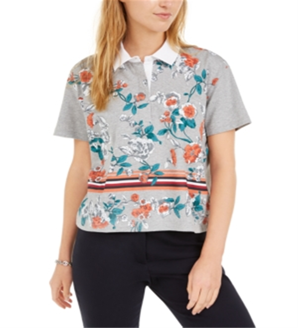 Camisas polo curtas florais femininas Tommy Hilfiger, cinza, tamanho XS