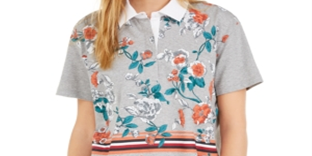Camisas polo curtas florais femininas Tommy Hilfiger, cinza, tamanho XS
