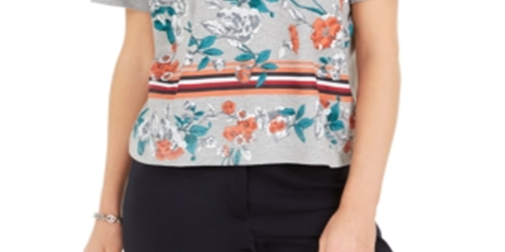 Camisas polo curtas florais femininas Tommy Hilfiger, cinza, tamanho XS