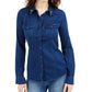 Camisa jeans feminina Guess Lalima com detalhes em azul, tamanho X-S