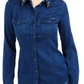 Camisa jeans feminina Guess Lalima com detalhes em azul, tamanho X-S