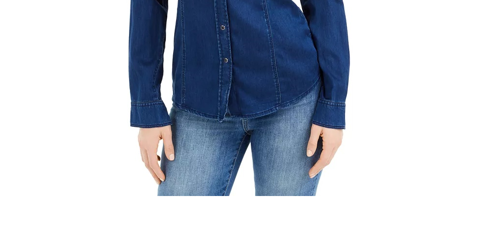 Camisa jeans feminina Guess Lalima com detalhes em azul, tamanho X-S