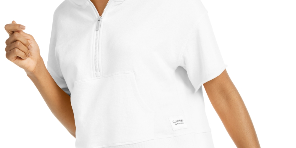 Calvin Klein Performance Moletom com capuz curto com zíper de um quarto feminino, branco, tamanho X-G