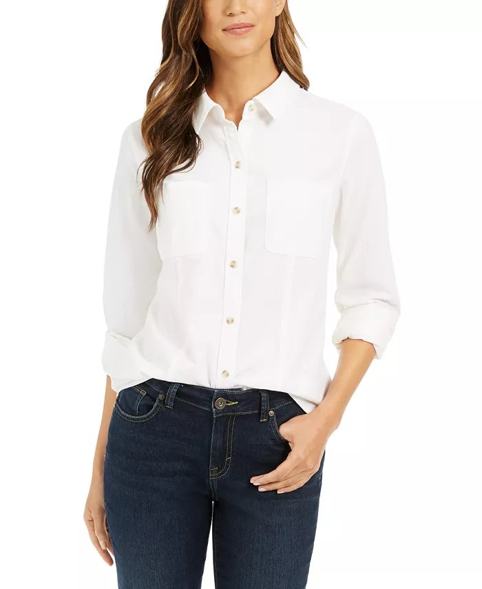 Camisa feminina de veludo cotelê de algodão com botões Charter Club, branca, tamanho pequeno e pequeno