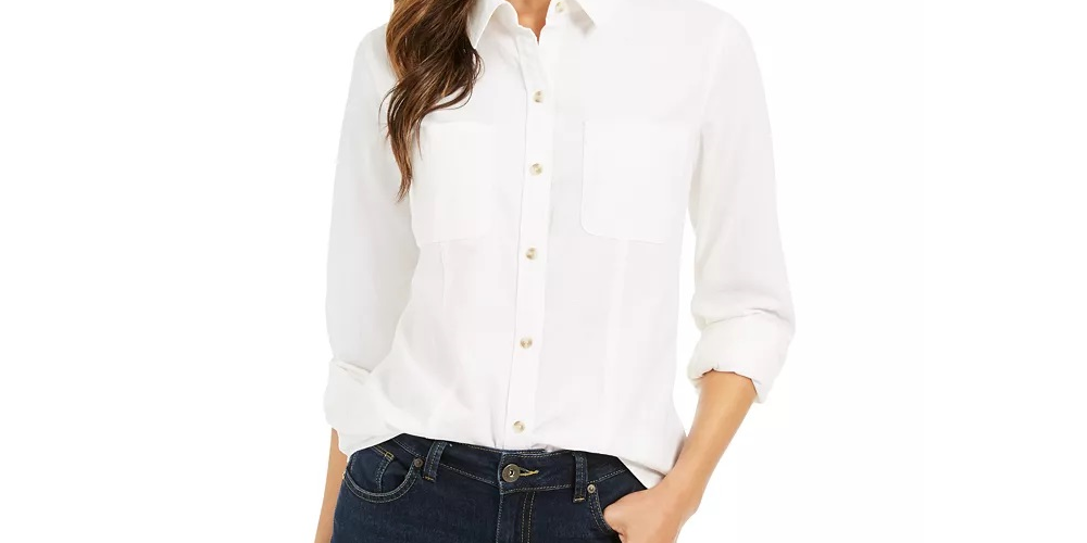Camisa feminina de veludo cotelê de algodão com botões Charter Club, branca, tamanho pequeno e pequeno
