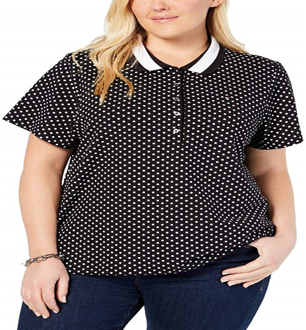 Camisa polo feminina Tommy Hilfiger com estampa de bolinhas, preta, tamanho 1X