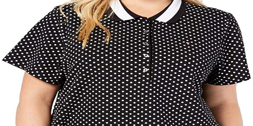 Camisa polo feminina Tommy Hilfiger com estampa de bolinhas, preta, tamanho 1X