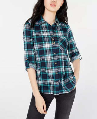 Camisa xadrez com aba dobrada Polly &amp; Esther Junior, verde/preta, tamanho extragrande