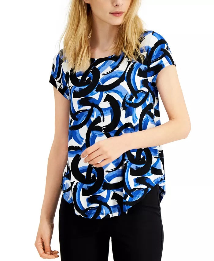Camiseta feminina Alfani estampada com bainha redonda, preta, tamanho pequeno pequeno