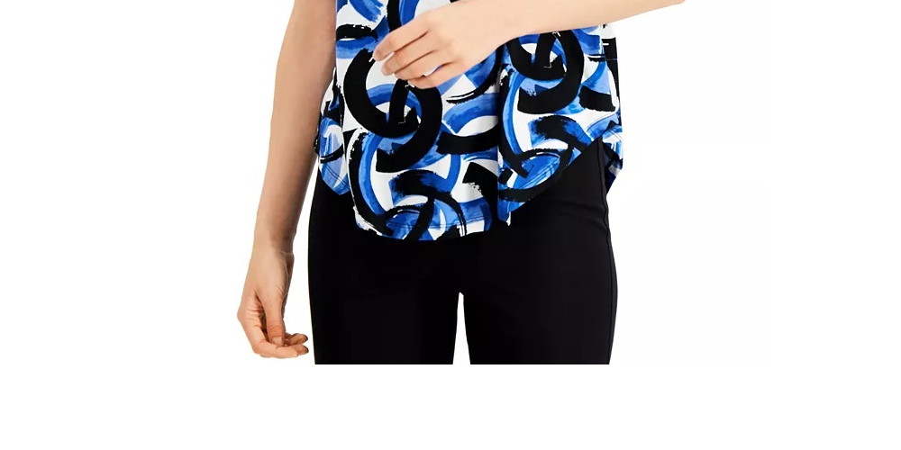 Camiseta feminina Alfani estampada com bainha redonda, preta, tamanho pequeno pequeno