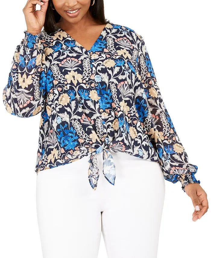Blusa transparente floral plus size feminina INC International Concepts, azul, tamanho 0X