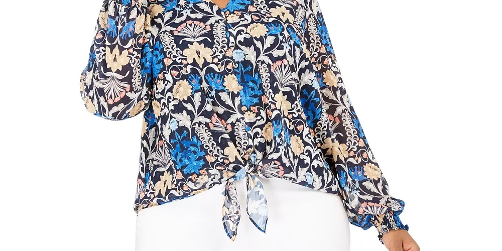 Blusa transparente floral plus size feminina INC International Concepts, azul, tamanho 0X
