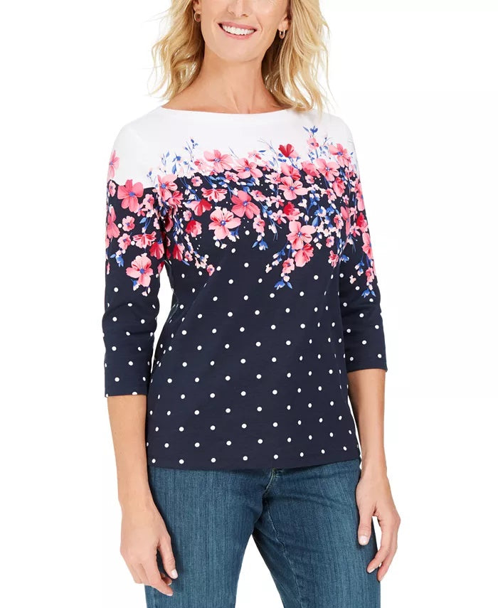 Blusa feminina Karen Scott Emily com estampa de gola canoa, preta/vermelha, tamanho pequeno