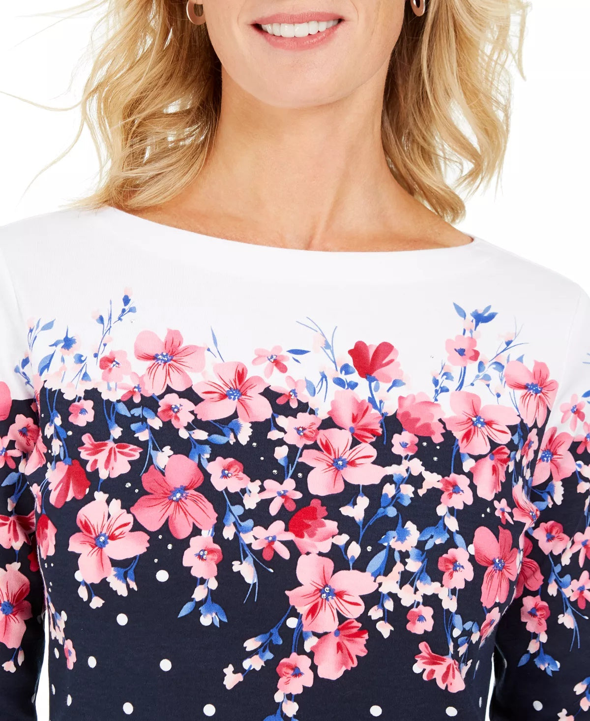 Blusa feminina Karen Scott Emily com estampa de gola canoa, preta/vermelha, tamanho pequeno