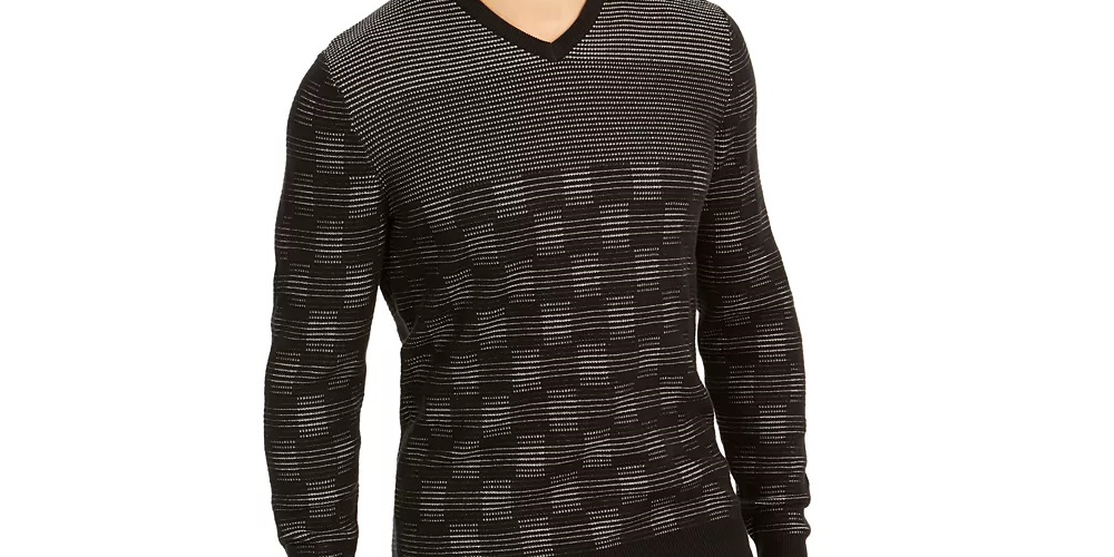 Suéter Alfani Masculino Classic Fit Metallic Check com Decote em V Preto Tamanho P