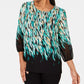 Blusa feminina estampada com decote em V e manga bufante, tamanho P/SM, verde