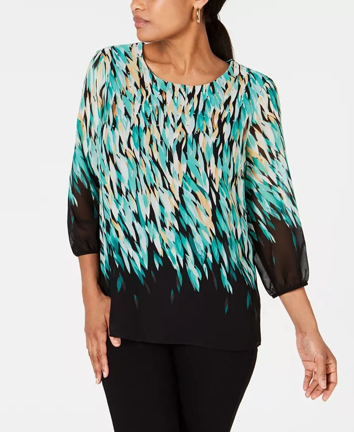 Blusa feminina estampada com decote em V e manga bufante, tamanho P/SM, verde