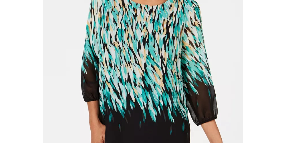 Blusa feminina estampada com decote em V e manga bufante, tamanho P/SM, verde