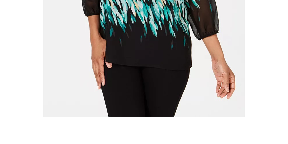 Blusa feminina estampada com decote em V e manga bufante, tamanho P/SM, verde
