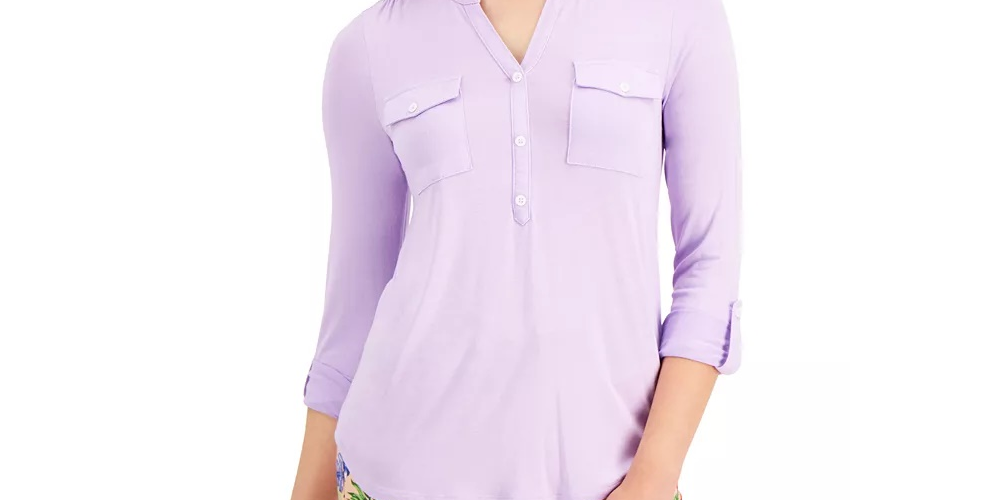 Blusa feminina estilo &amp; co com decote aberto e mangas bufantes, roxa, tamanho grande