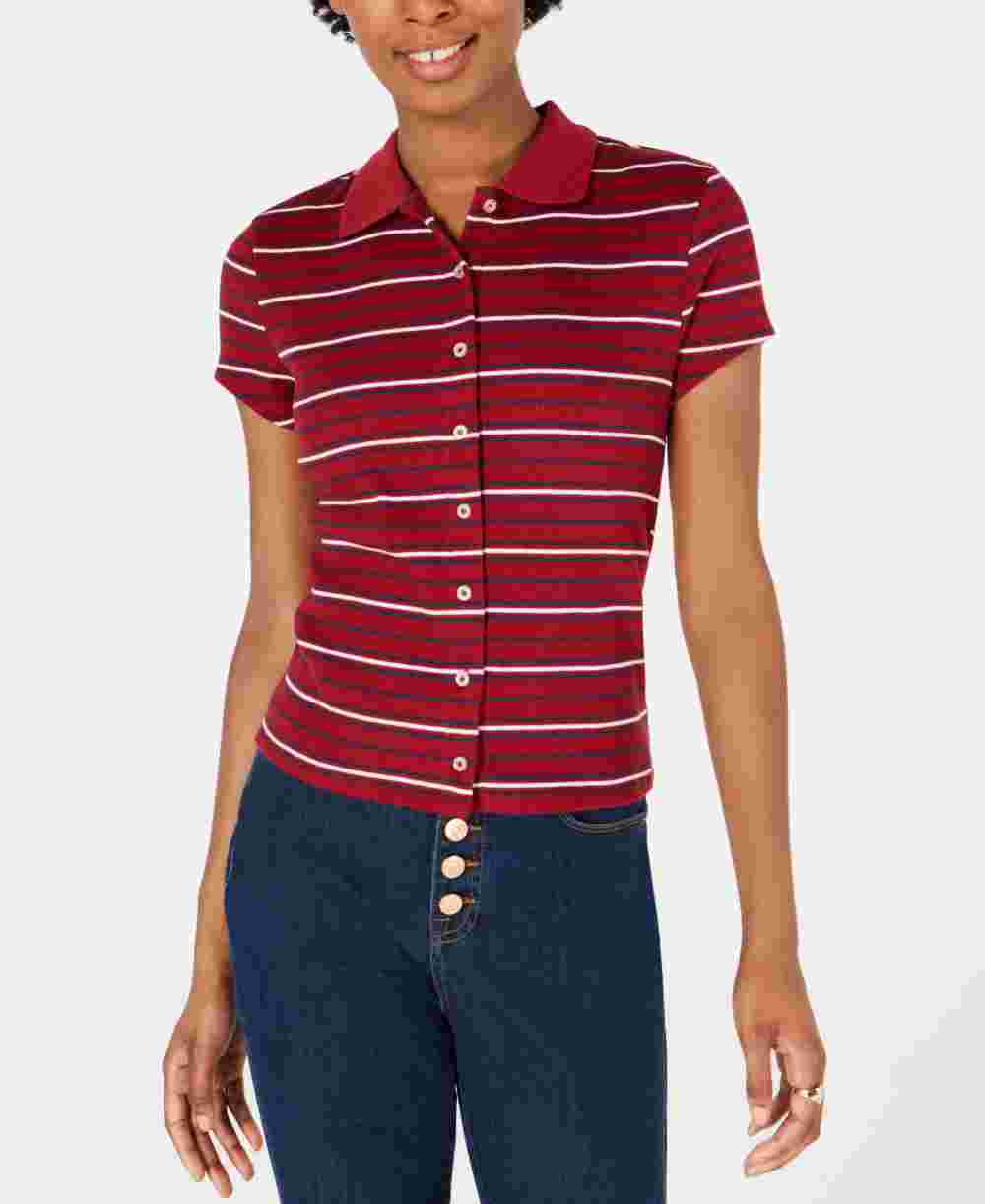 Planet Gold Blusa feminina listrada de manga curta com gola e botões, vermelha, tamanho X-G