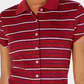 Planet Gold Blusa feminina listrada de manga curta com gola e botões, vermelha, tamanho X-G