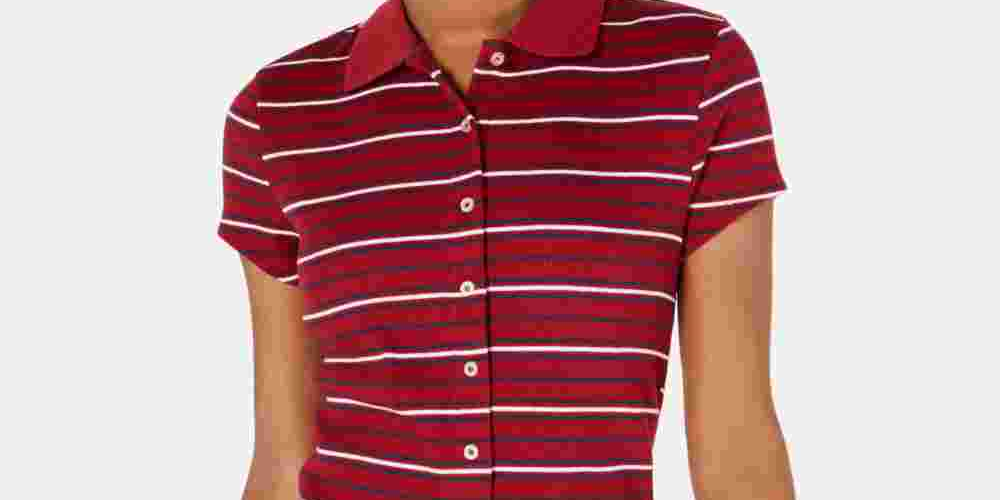 Planet Gold Blusa feminina listrada de manga curta com gola e botões, vermelha, tamanho X-G