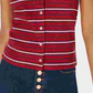 Planet Gold Blusa feminina listrada de manga curta com gola e botões, vermelha, tamanho X-G