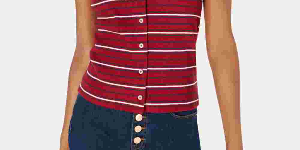 Planet Gold Blusa feminina listrada de manga curta com gola e botões, vermelha, tamanho X-G