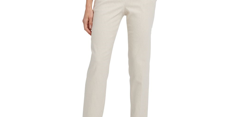 Calça social feminina listrada DKNY com frente lisa e perna reta, marrom, tamanho 6