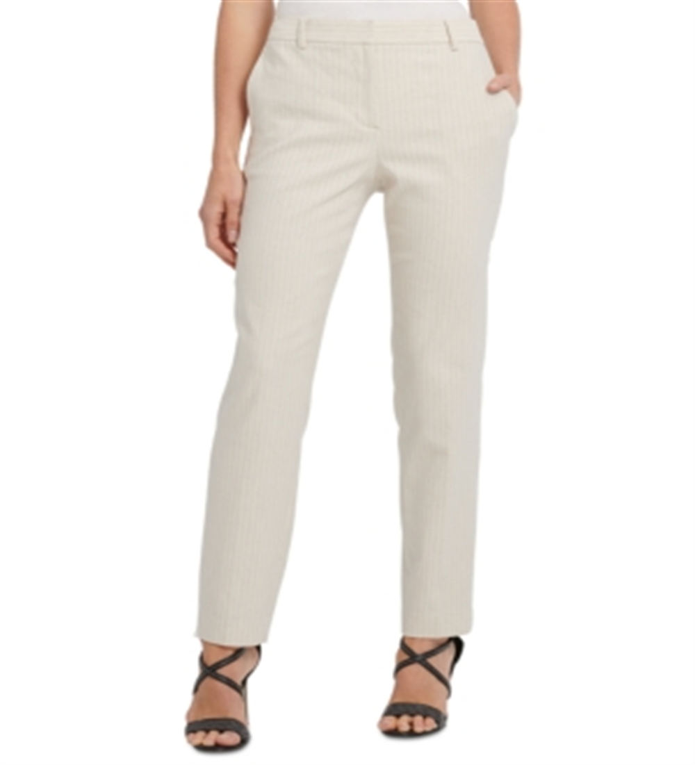 Calça social feminina listrada DKNY com frente lisa e perna reta, marrom, tamanho 6