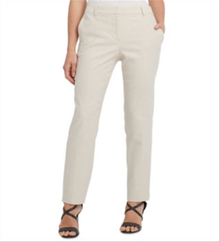 Calça social feminina listrada DKNY com frente lisa e perna reta, marrom, tamanho 6