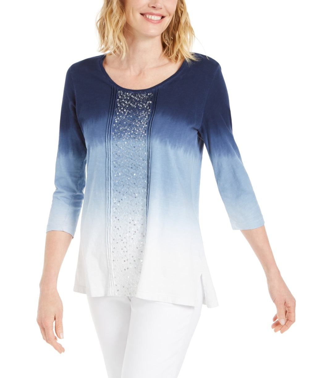 JM Collection Top Feminino com Decote Redondo e Lantejoulas Azul Tamanho P
