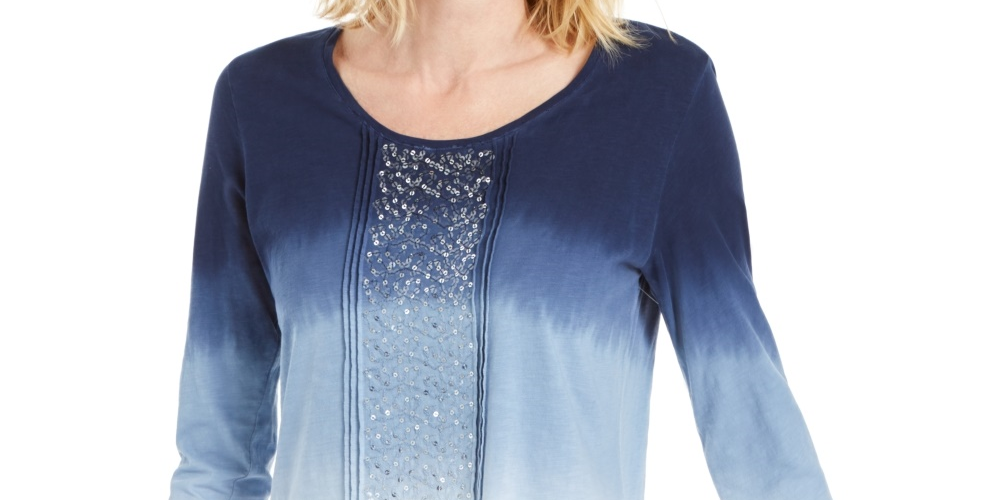 JM Collection Top Feminino com Decote Redondo e Lantejoulas Azul Tamanho P