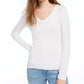 Camiseta feminina com decote em V canelado esplêndida, branca, tamanho extragrande