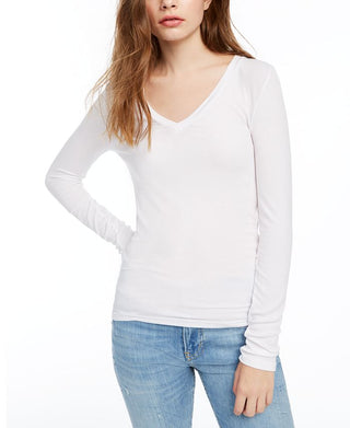 Camiseta feminina com decote em V canelado esplêndida, branca, tamanho extragrande