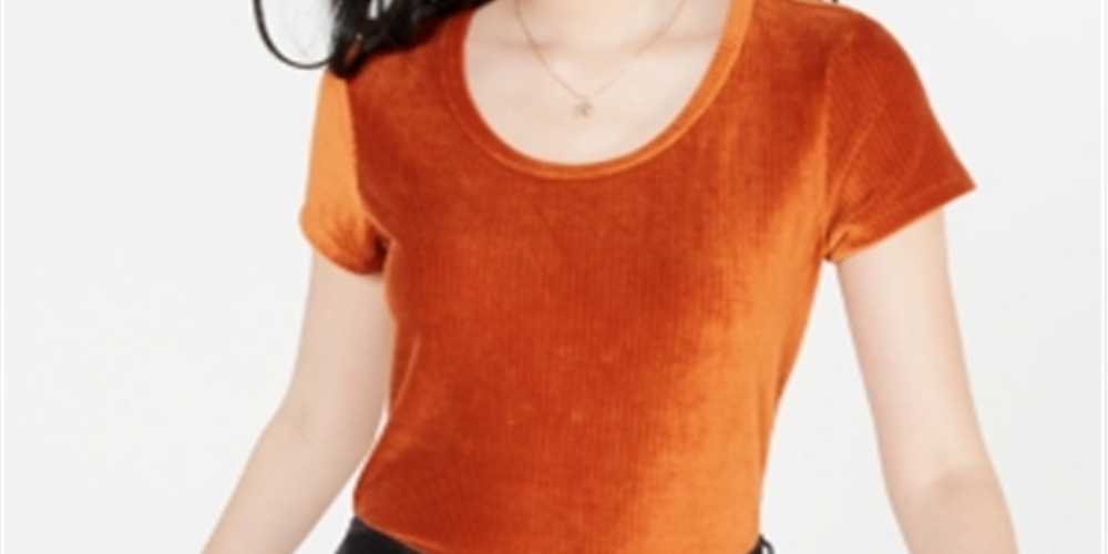 Blusa feminina Crave Fame de veludo cotelê com manga curta e decote redondo, laranja, tamanho pequeno