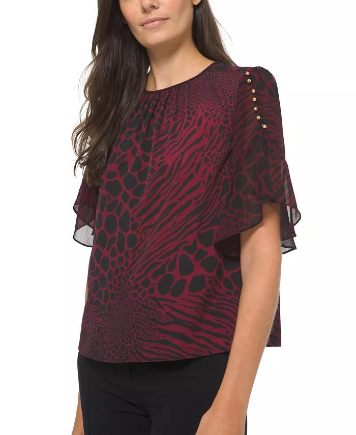 Blusa feminina Michael Kors com estampa animal e miçangas, vermelha, tamanho médio