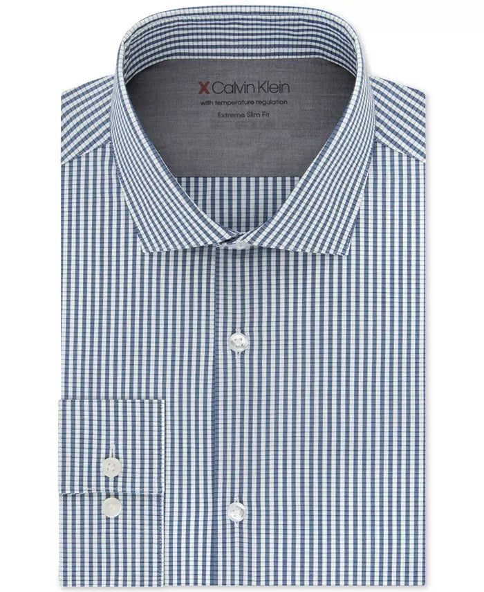 Camisa social masculina Calvin Klein Extra Slim Fit Performance Stretch com regulagem de temperatura e xadrez, azul, tamanho 34-35