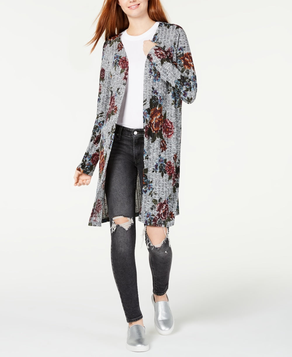 Cardigan Duster de malha canelada estampada BCX Junior, cinza floral, tamanho X-S