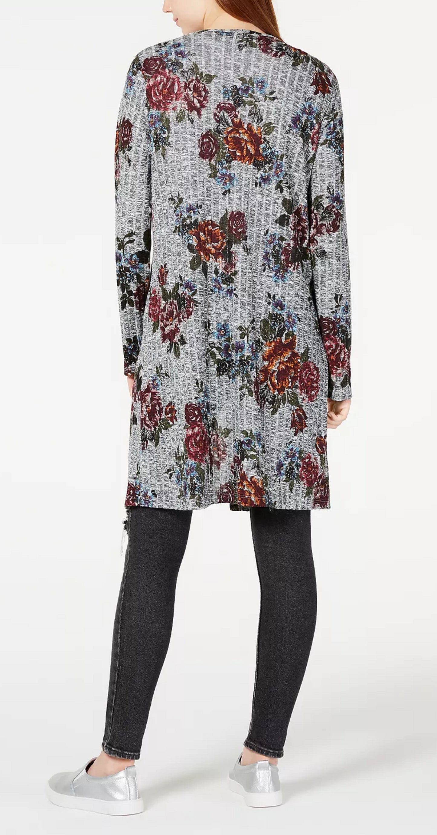 Cardigan Duster de malha canelada estampada BCX Junior, cinza floral, tamanho X-S