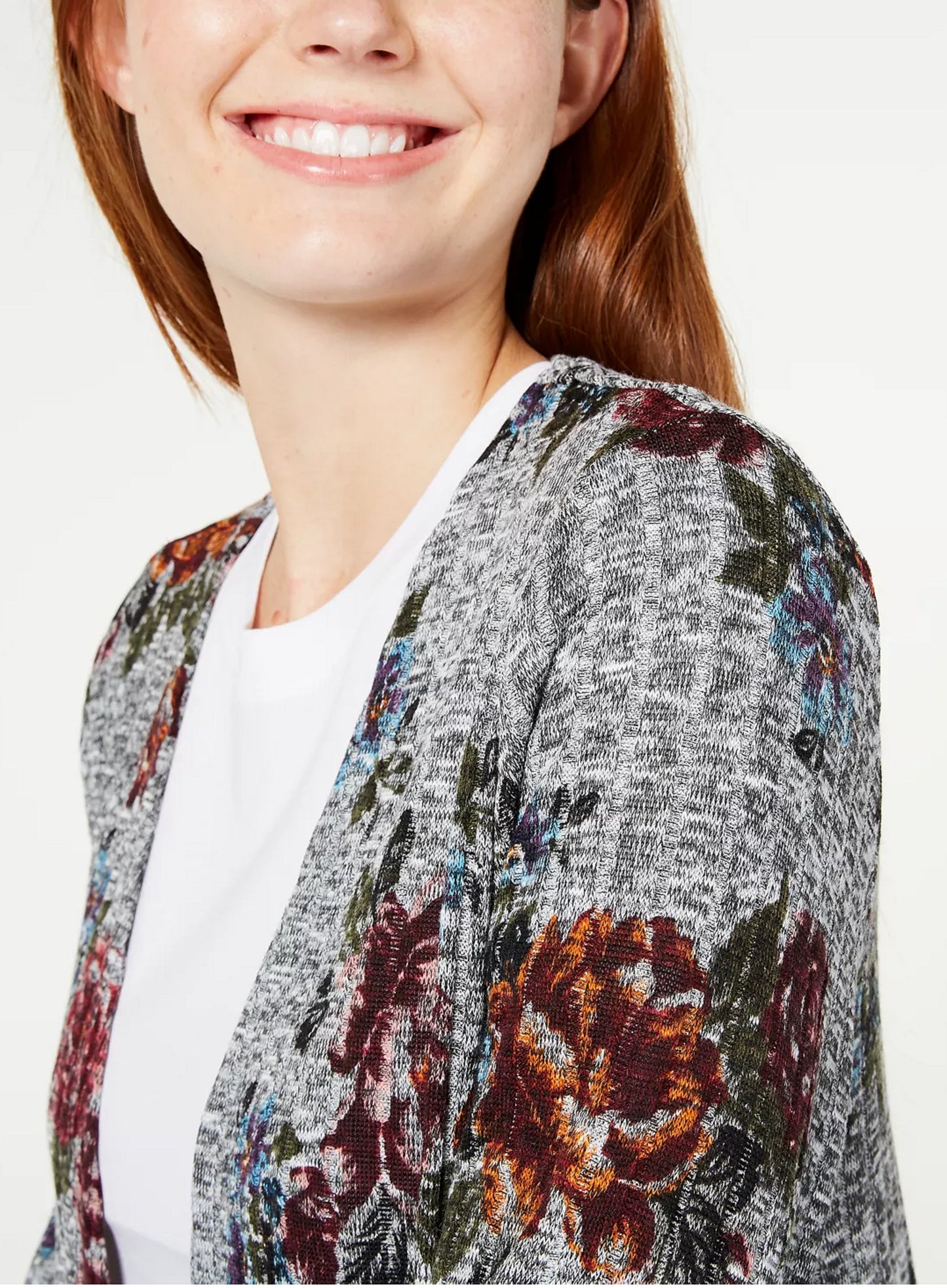 Cardigan Duster de malha canelada estampada BCX Junior, cinza floral, tamanho X-S