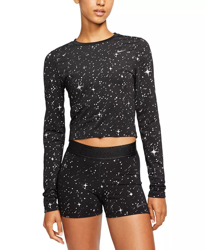 Top curto Nike Starry Night Fitness Training feminino, cor carvão, tamanho extrapequeno