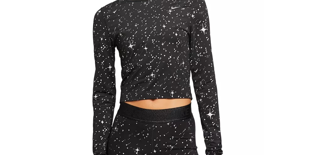 Top curto Nike Starry Night Fitness Training feminino, cor carvão, tamanho extrapequeno