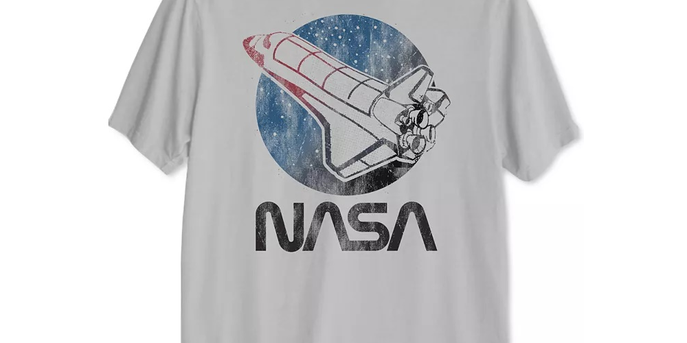Camiseta masculina Jem Collective com estampa gráfica NASA Retro Shuttle, manga curta, tamanho grande, prateada
