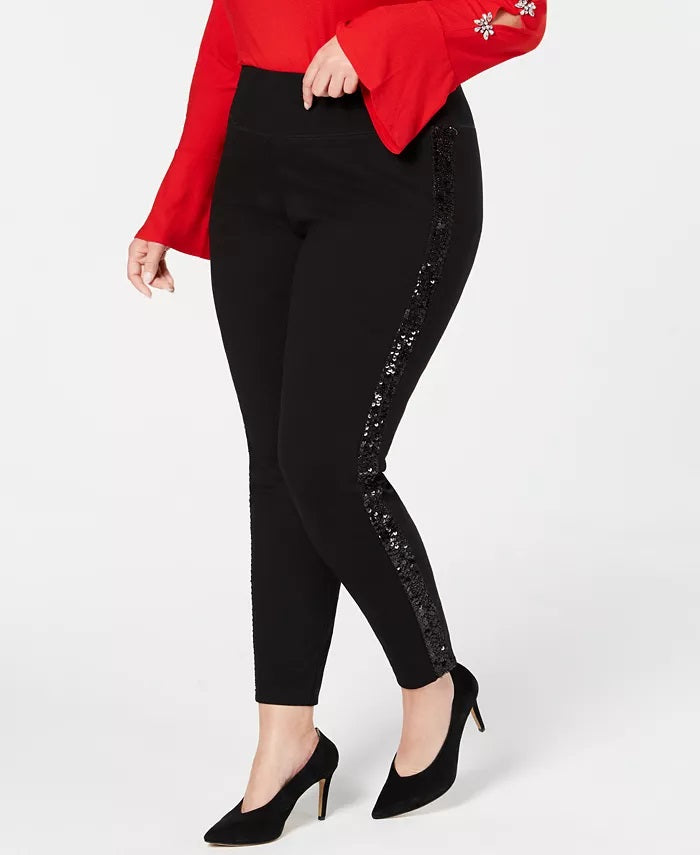 Calça de malha ponte listrada com lantejoulas plus size feminina INC International Concepts, preta, tamanho 14W