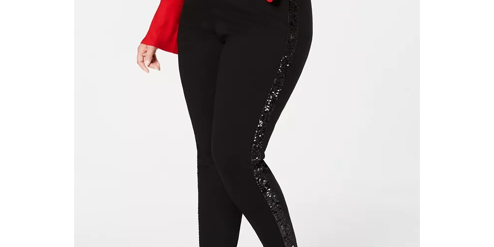 Calça de malha ponte listrada com lantejoulas plus size feminina INC International Concepts, preta, tamanho 14W