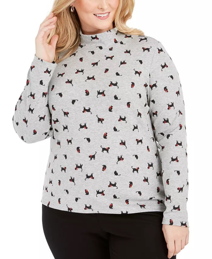 Karen Scott Plus Size Feminino Estampa de Gato Gola Simulada Cinza Tamanho 0X
