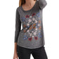 Blusa feminina Lucky Brand floral de manga comprida com decote em joia, cinza, tamanho X-S